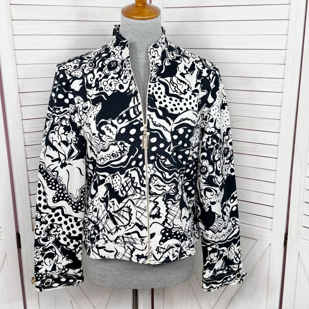 Vntg St. John Sport Jacket‎ Women Small White Black Abstract Print Zip Up Denim
